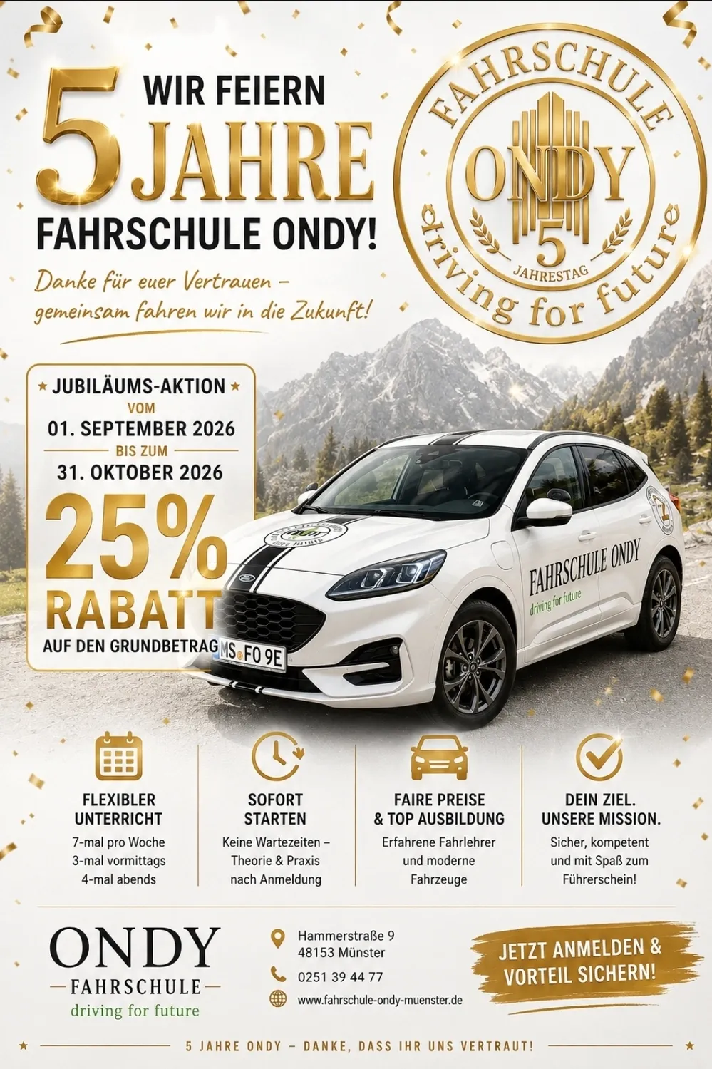 Jubiläumsaktion 5 Jahre Fahrschule ONDY Münster: 25 % Rabatt auf den Grundbetrag vom 1. September bis 31. Oktober 2026